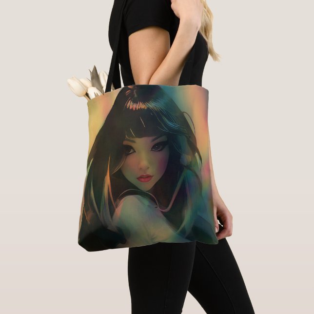 Tote Bag Oeuvre d'Anime Girl entourée de Rainbow Light (De près)