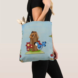 Tote Bag Oiseau Bleu Fantaisiste et Maison d'Oiseau Mignon