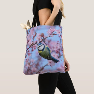 Tote Bag Oiseau bleu Tit en fleurs de cerisier japonais ros