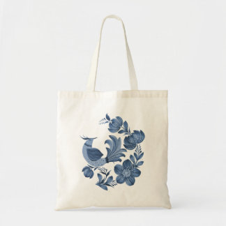 Tote Bag Oiseau et fleurs d'art populaire bleu élégant 