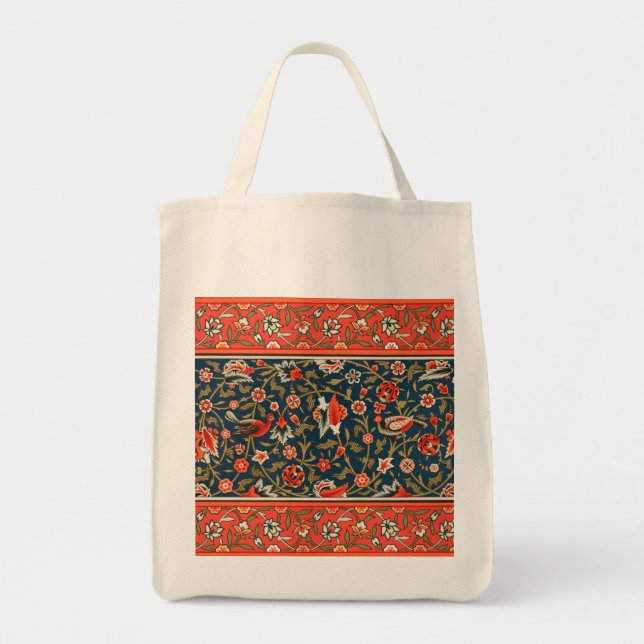 Tote Bag Oiseau et fleurs Perse Motif bleu rouge (Devant)