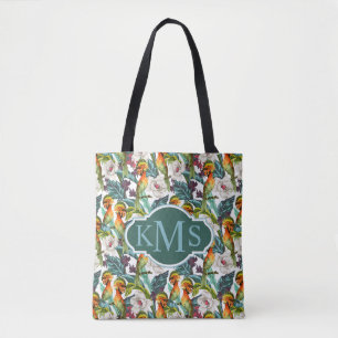 Tote Bag Oiseau et monogramme exotique du motif de fleur