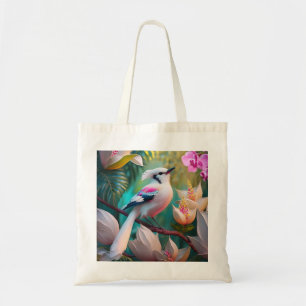 Tote Bag Oiseau Fantastique à Crête Blanche et Poitrine Ros