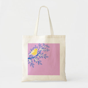 Tote Bag Oiseau jaune illustré sur un Arrière - plan rose