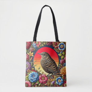 Tote Bag Oiseau parmi des fleurs colorées