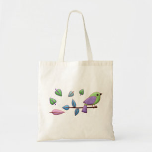 Tote Bag Oiseau rose pourpre vert avec Feuilles de broderie