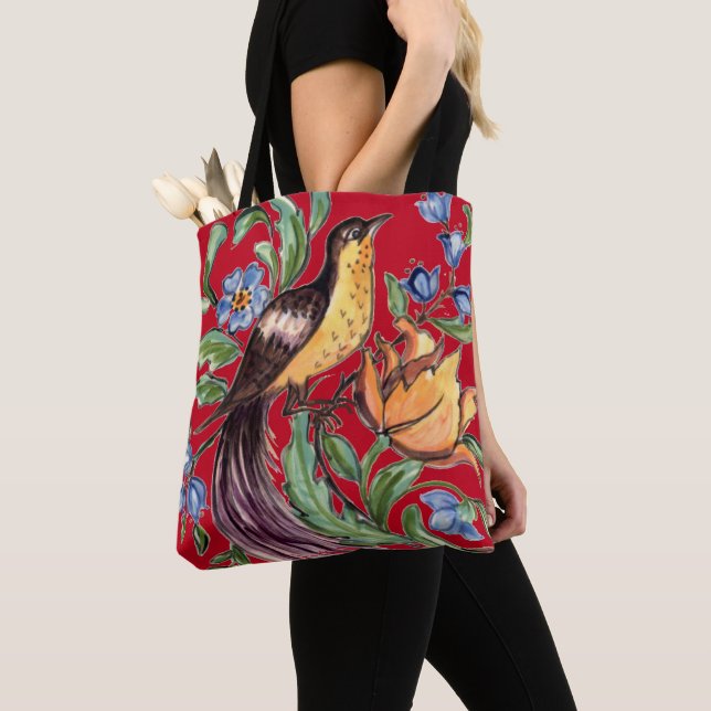 Tote Bag Oiseau rouge tropical du Paradis Art folklorique f (De près)