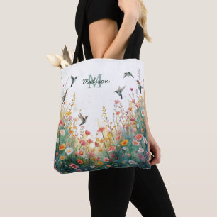 Tote Bag Oiseaux aquarelle printemps monogramme floral Fleu