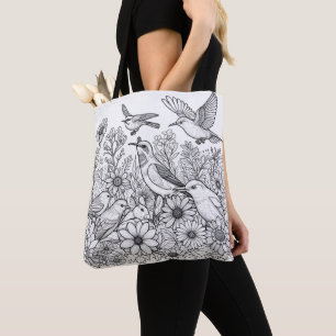 Tote Bag Oiseaux colorés et fleurs sur une coloration