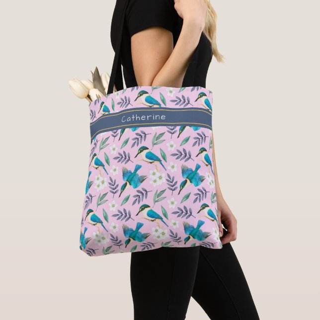 Tote Bag Oiseaux de martin-pêcheur mignons motif floral ros (De près)