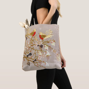 Tote Bag Oiseaux de neige d'hiver de l'or Noël