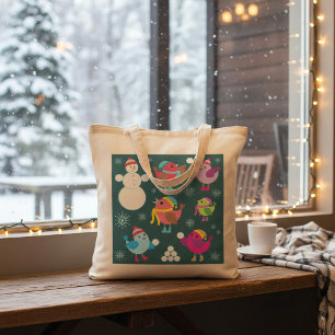 Tote Bag Oiseaux d'hiver jouant dans la neige avec un bonho