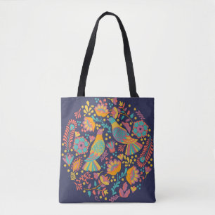 Tote Bag Oiseaux et fleurs d'art populaire mexicain colorés