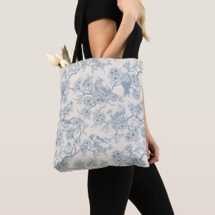 Tote Bag Oiseaux et fleurs de cerisier en bleu et blanc cas
