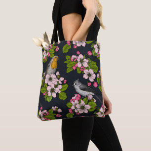 Tote Bag Oiseaux et fleurs en noir