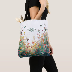 Tote Bag Oiseaux Floraux Aquarelle Monogramme Fleur Sauvage
