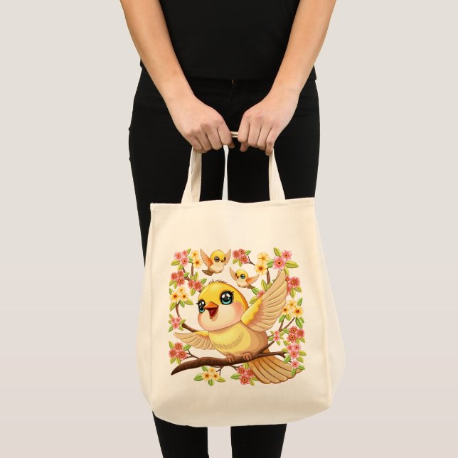 Tote Bag Oiseaux mignons et heureux parmi les fleurs du pri (Devant (produit))