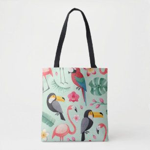 Tote Bag Oiseaux tropicaux, fleurs, motif d'aquarelle.