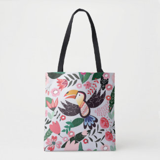 Tote Bag Oiseaux tropicaux, motif de gribouillis à fleurs.