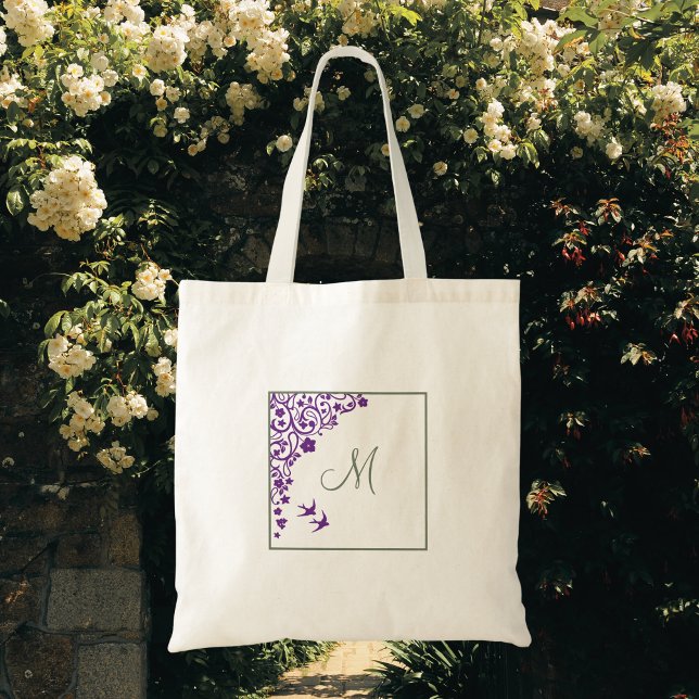 Tote Bag Olive vert violet Floral Monogramme initial (Créateur téléchargé)