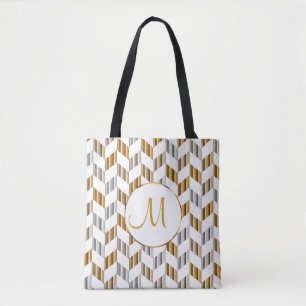 Tote Bag Or, blanc et argent Chevron Monogram Design
