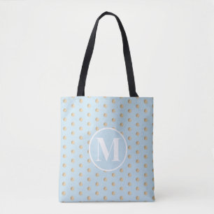 Tote Bag Or bleu doux pois blancs monogramme