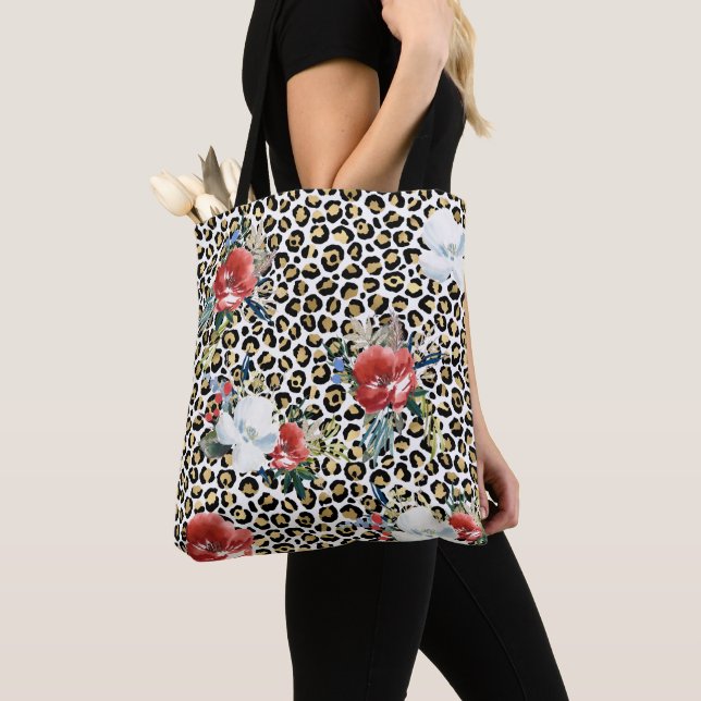 Tote Bag Or Empreinte de léopard Rouge Blanc Floral (De près)