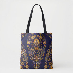 Tote Bag Or et bleu, motif sans couture fleurie.