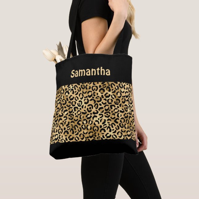 Tote Bag Or Imprimé Léopard Noir Monogram Gold Animal  (De près)