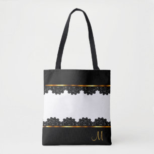 Tote Bag Or métallique et jolie dentelle noire
