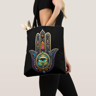 Tote Bag Or noir coloré Hamsa avec troisième œil turquoise