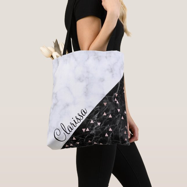 Tote Bag or rose de marbre blanc noir élégant géométrique (De près)