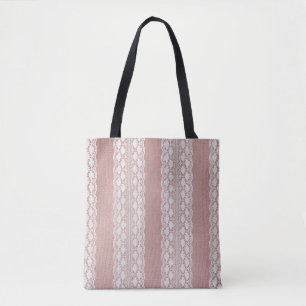 Tote Bag Or rose métallique, texture dentelle blanc cassé.