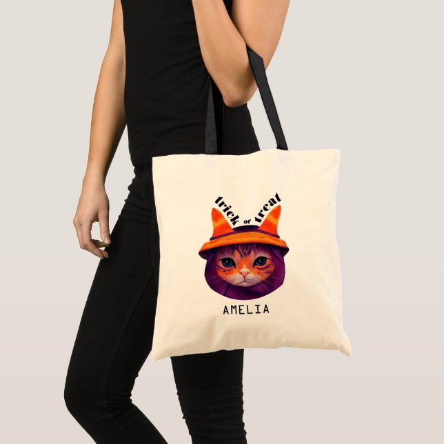 Tote Bag Orange Chat Imaginaire Trick Treat Halloween (Devant (produit))