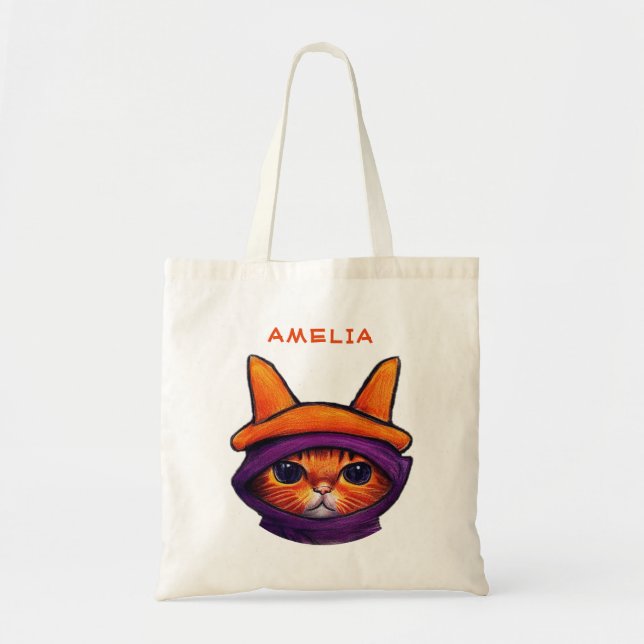 Tote Bag Orange Chat Violet Sorcière Casquette Imaginaire H (Devant)
