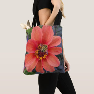 Tote Bag Orange Dahlia avec florale d'abeille