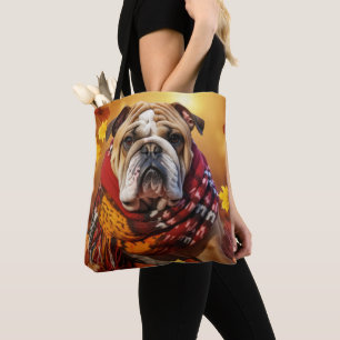 TOTE BAG ORANGE FEUILLES DE CHUTE ET CHIEN BROWN BLANC