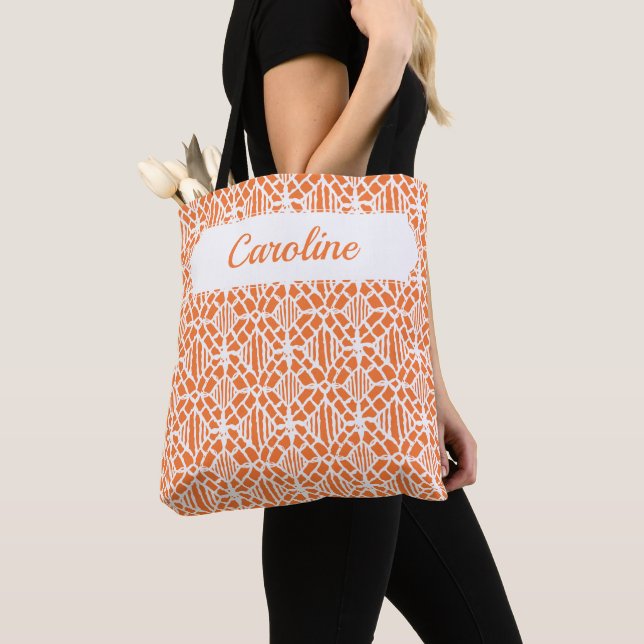Tote Bag Orange Peigne Avec Motif Crochet Blanc (De près)