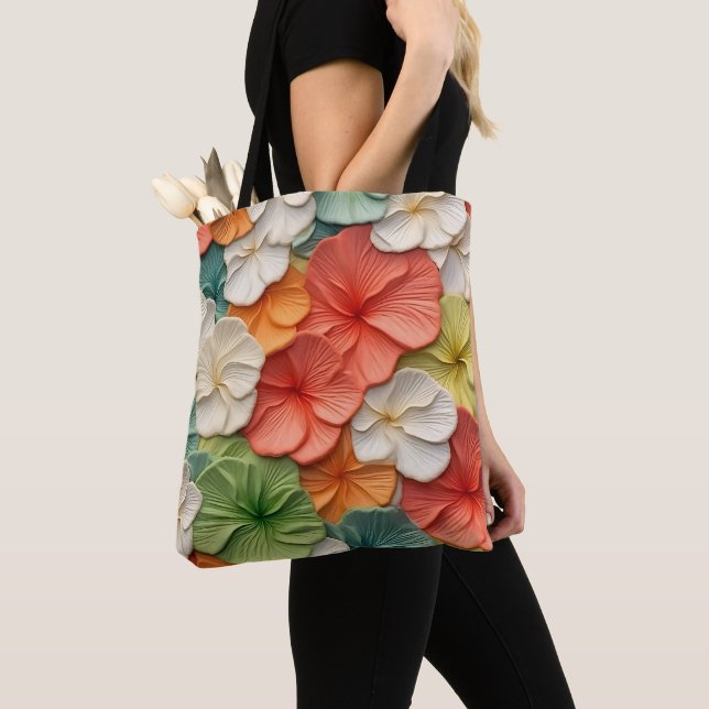 TOTE BAG ORANGE VERT JAUNE FLEURS BLANCHES (De près)