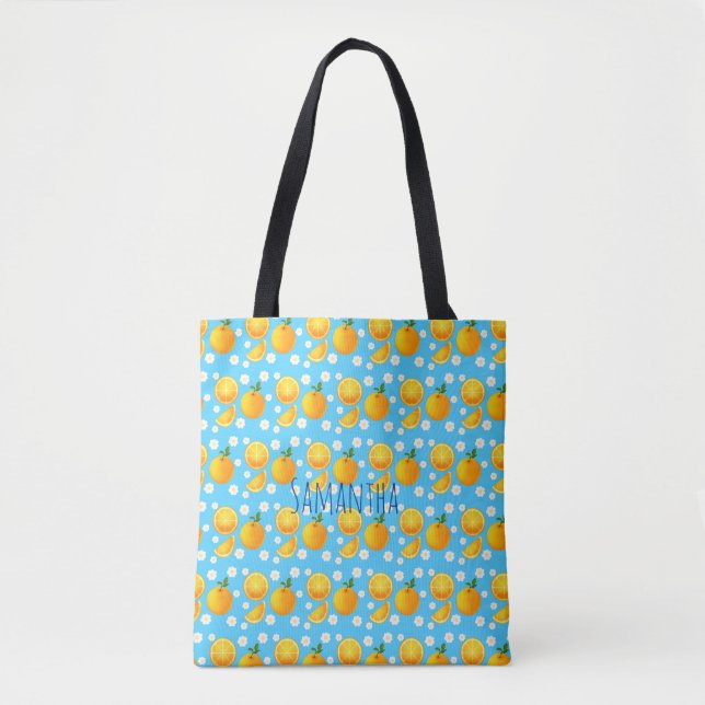 Tote Bag Oranges mignonnes et fleurs blanches (Devant)