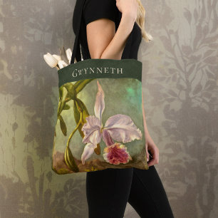 Tote Bag Orchidée rose brésilienne Cattelya avec nom Monogr