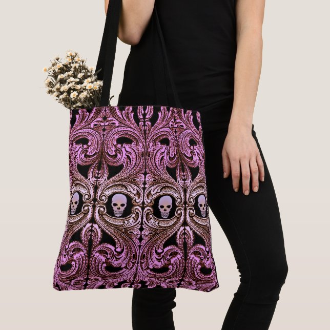 Tote Bag Ornement rose de Goth avec le crâne (De près)