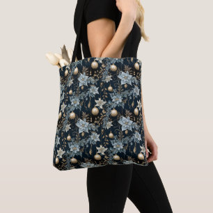 Tote Bag Ornements de Noël bleu et or Poinsettias
