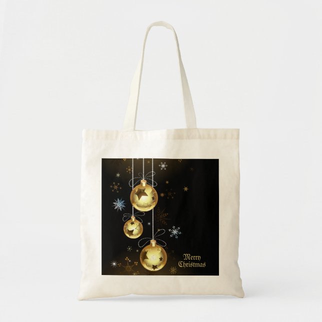 Tote Bag Ornements dorés de Noël Étoiles brillantes Noir (Devant)