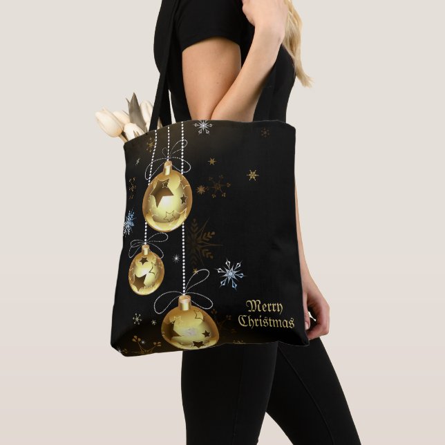 Tote Bag Ornements dorés de Noël Étoiles brillantes Noir (De près)