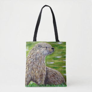 Tote Bag Otter sur une peinture de rive d'une rivière