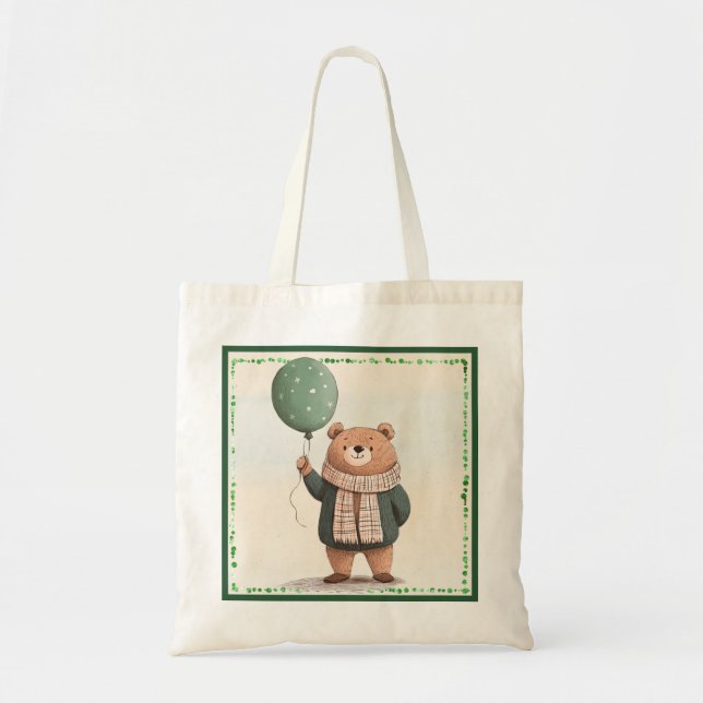 Tote Bag Ours à Sweat Vert avec Écharpe Plaid Automne (Devant)