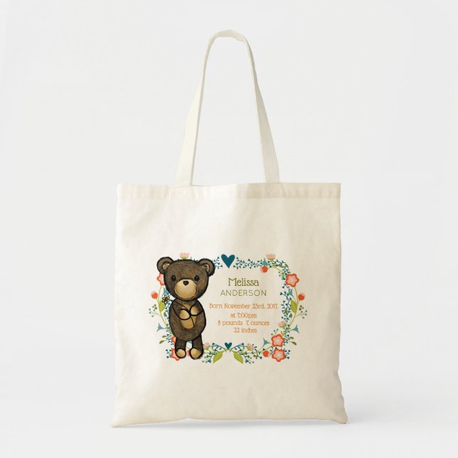 Tote Bag Ours en peluche avec fleurs décoratives Naissance  (Devant)