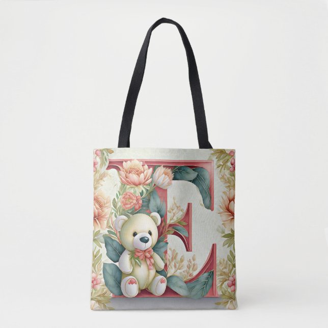 Tote Bag Ours en peluche floral lettre E (Devant)
