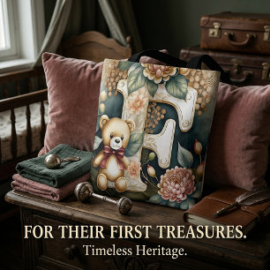 Tote Bag Ours en peluche floral lettre F